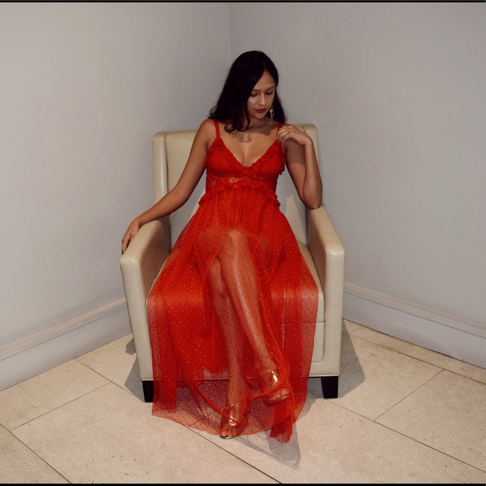 Red lace maxi dress